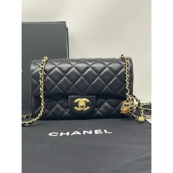 CHANEL 22S Black Mini Rectangle Pearl Crush Braid Gold Ball Flap Bag Unused - Picture 2 of 16